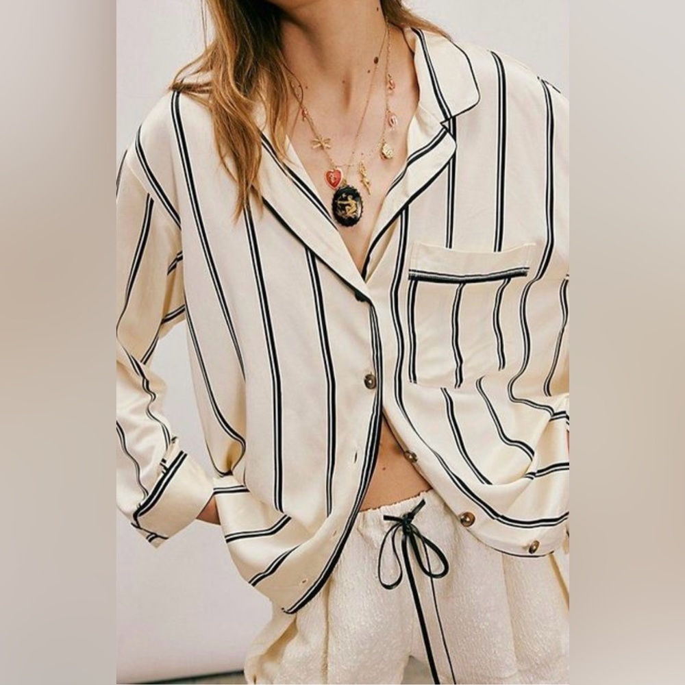 Free People We the Free Rorie Pajama Shirt Natural Stripes Satin Relaxed Fit